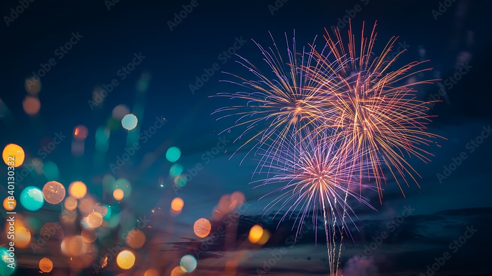 Fototapeta premium Vibrant fireworks explode in the night sky creating a dazzling display of color and light with soft bokeh effects in the foreground