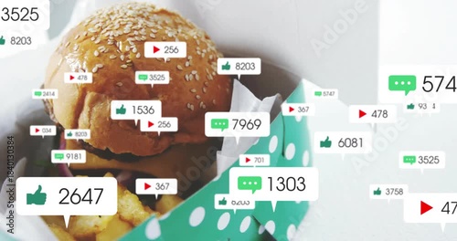 Badges coming from right drifting left pan-zoom revealing burger+fries in green box gaining likes