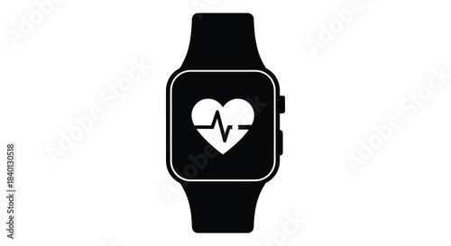 A sleek black smartwatch displaying a heart rate monitor on its screen silhouette