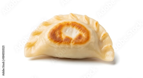 Single golden-brown pan-fried dumpling, traditional asian dish isolated on white background