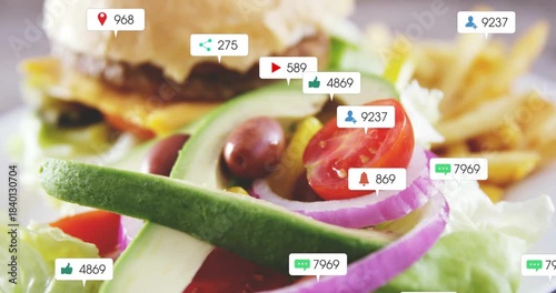 Focus shifting causing burger gaining floating social icons, counters rising to show engagement