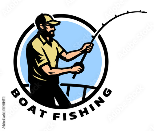 Boat fishing. Logo of a fisherman with a fishing rod.