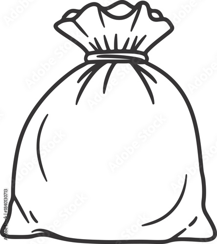 Simple black and white line art of a tied sack or bag for graphic design