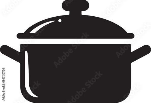 Simple black and white icon of a cooking pot with a lid for culinary use