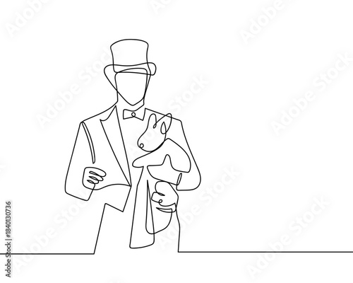 The magician conjures a rabbit in a single continuous line. minimalist style isolate outline Editable stroke.