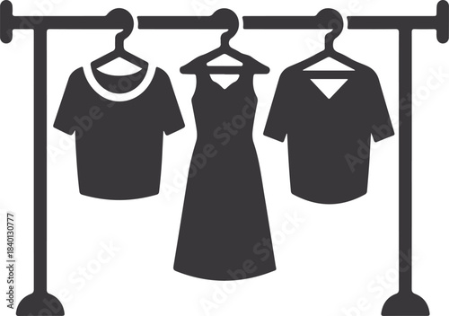 Black silhouette icon of a clothing rack with three garments hanging