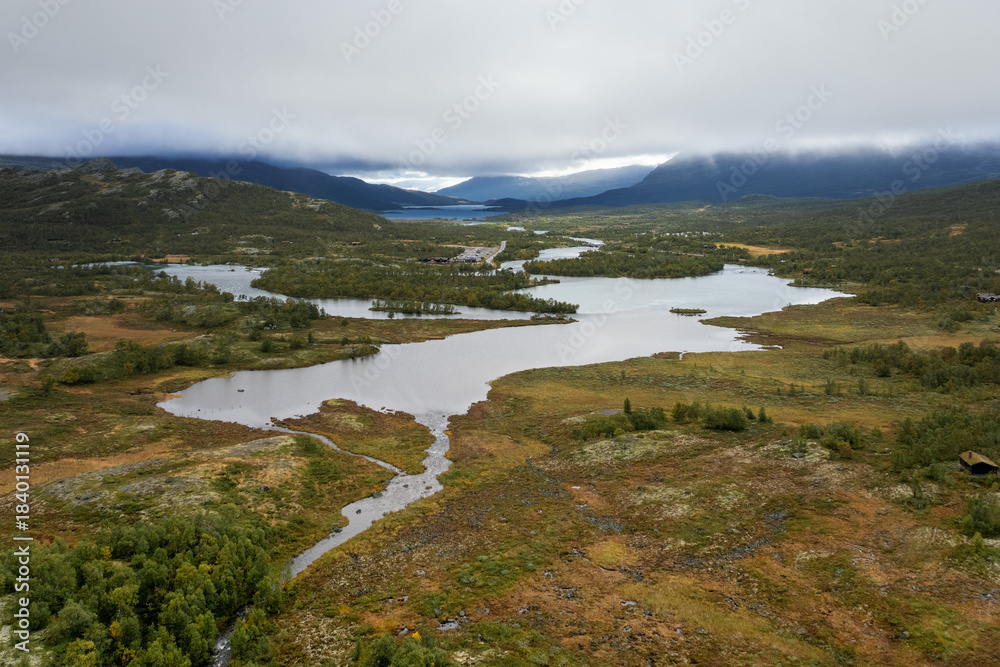 Obraz premium drone landscape view of the lakes and mountain near Besseggen in central Norway