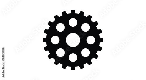 A striking black gear with circular cutouts presents a bold mechanical design silhouette