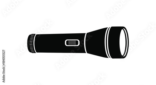 A sleek black flashlight design featuring a prominent beam and handle depicted as a silhouette