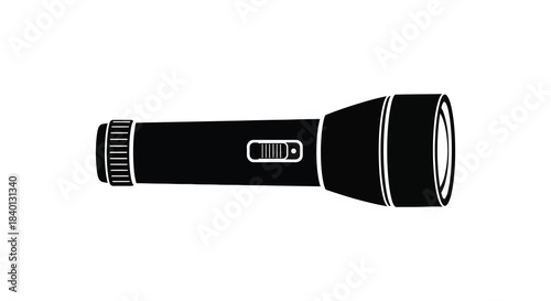 A sleek black flashlight design presented as a simple bold graphic illustration silhouette