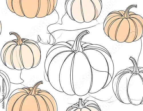 Hand-drawn pumpkins pattern some colored in warm orange, others outlined, tangled vines on white