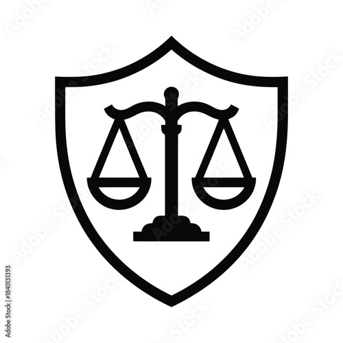 Scales of Justice on Shield Icon: Law, Security, and Legal System Protection Symbol