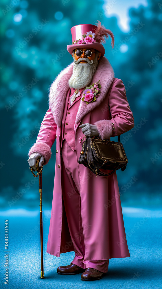 Obraz premium A man in a pink suit and top hat with a cane