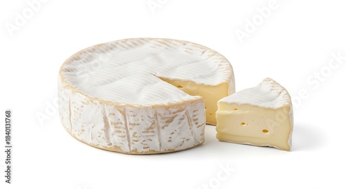 French camembert cheese wheel with cut slice, creamy texture isolated on white background