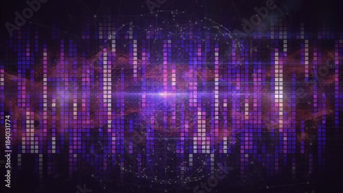 Central vertical grid pulsing after flare glowing, visualizing music beats with rotating ring