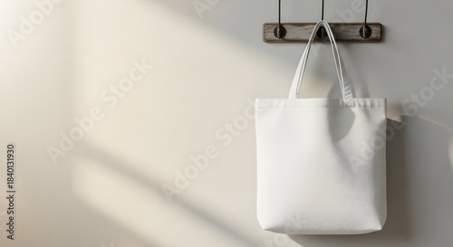 Minimalist bathroom interior with a folded white towel hanging on a wooden rack against a neutral wall and soft lighting