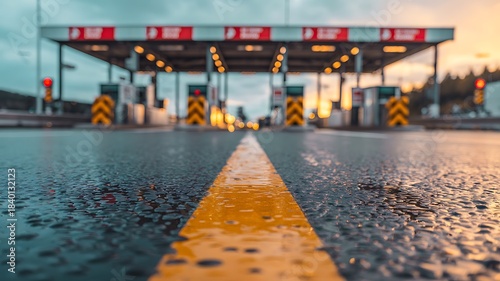 Low angle view of a wet road with a yellow dividing line leading to a blurred toll plaza during sunset, emphasizing depth and travel
