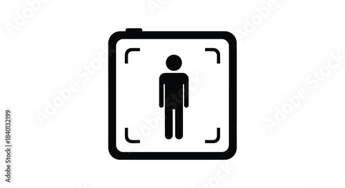 A simple black and white illustration of a person within a square frame with corners silhouette