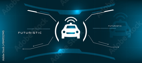 AI Self-Driving car icon with Tech Background