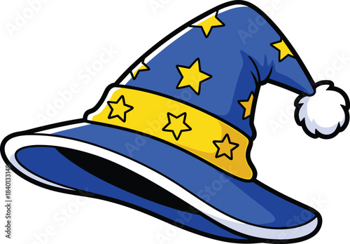 Blue Pointed Wizard Hat with Yellow Stars and White Tassel magic hat sorcerer hat