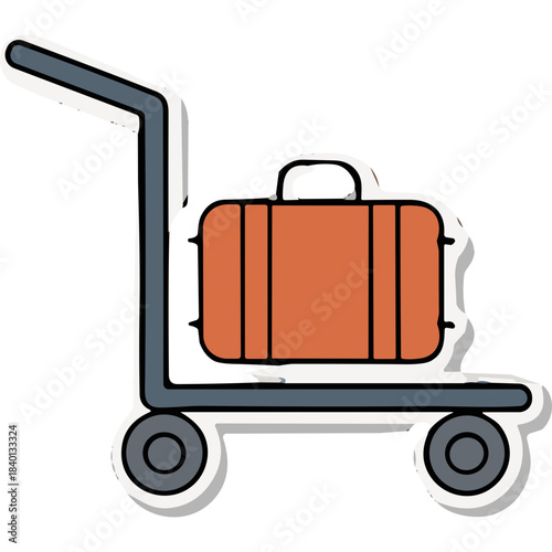 Orange Suitcase on a Gray Luggage Cart with Wheels Against a White Background