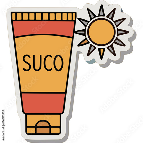 Orange Sunscreen Tube With Red Cap Labeled SUCO Beside a Stylized Sun Graphic on a White Background Clean Flat Design Illustration