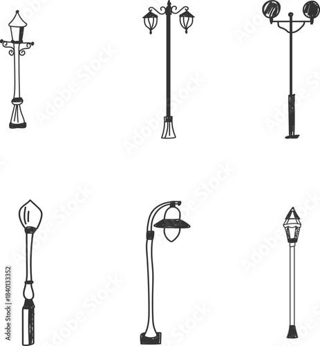 Vintage street lamp light posts set, old street lamp posts, sidewalk lantern, vector	
