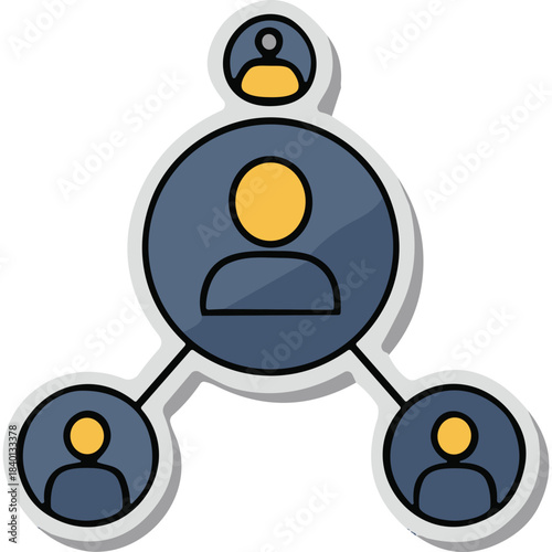 Organizational structure with connected people icons representing network hierarchy and teamwork in a blue and yellow color scheme with shadow effect