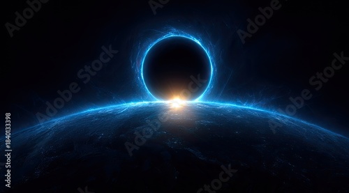 Blue ethereal ring and horizon against deep black