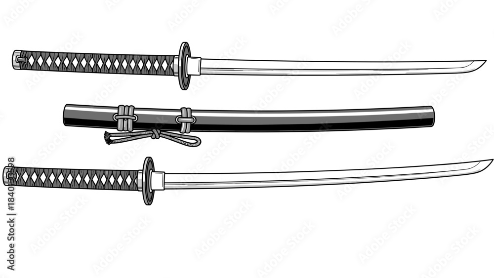 Fototapeta premium Japanese katana sword with scabbard and unsheathed blade illustration