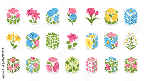 Collection of colorful floral arrangements in hexagonal and cubic containers