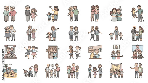 Collection of diverse family units and relationship icons in a simple, handdrawn style