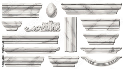 Collection of marble architectural moldings, cornices, and decorative elements