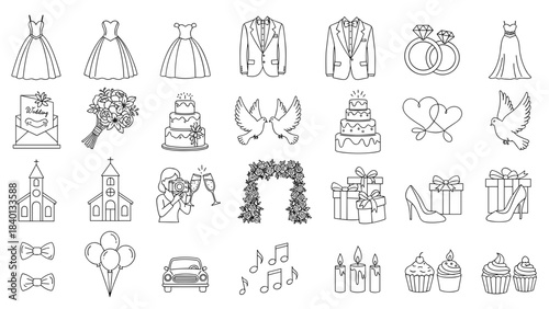 Collection of handdrawn wedding icons and elements