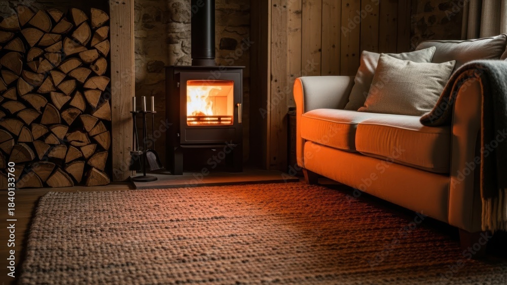 Fototapeta premium Cozy living room scene with fireplace warm glow and comfortable sofa invites relaxation