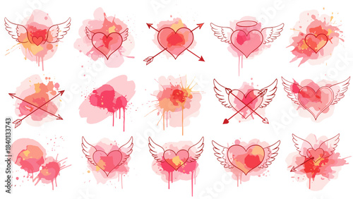 Set of watercolor hearts with wings and arrows for valentines day