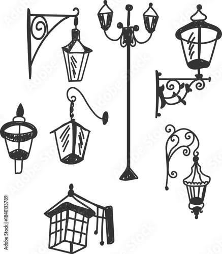 Vintage street lamp light posts set, old street lamp posts, sidewalk lantern, vector	