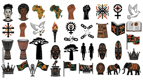 Collection of african and cultural symbols, masks, and artifacts