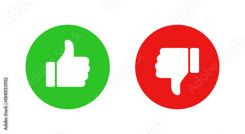 Thumbs up and down icon in green and red circle. Like and dislike gesture symbol
