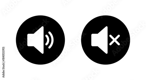 Speaker volume icon in black circle. Sound and mute audio symbol. Loud and silent sign