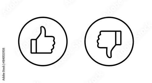 Thumbs up and down outline icon. Like and dislike gesture symbol in circular line