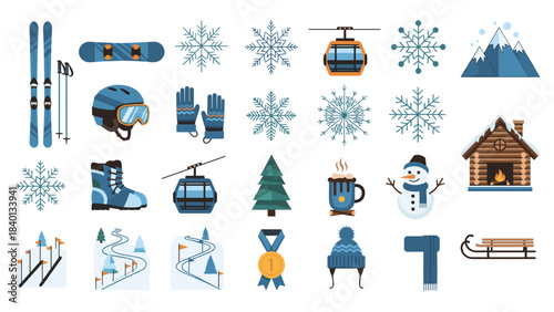 Winter sports and holiday scene with snowflakes and ski gear