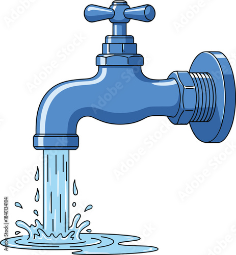 Blue water faucet with running water and splashes on white background plumbing