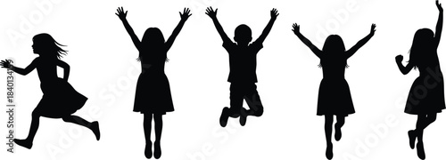 Happy jumping children silhouettes isolated on white background, joyful kids playing, freedom, energy, childhood concept for design advertising education lifestyle