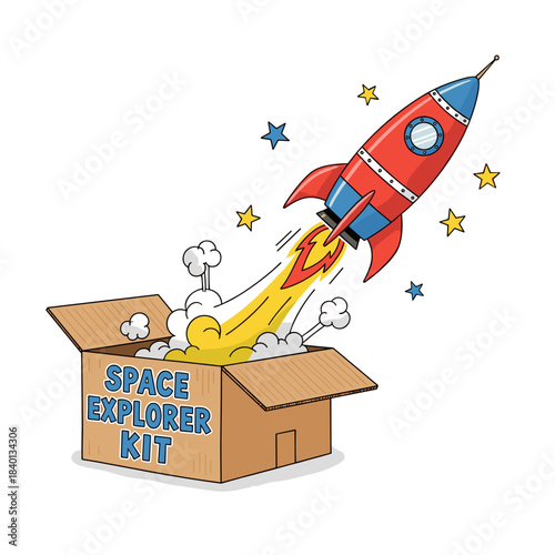 Rocket launching from cardboard box labeled 'Space Explorer Kit'  