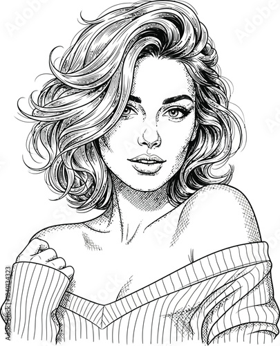 Handdrawn sketch of a beautiful woman with voluminous wavy hair wearing an offtheshoulder sweater.
