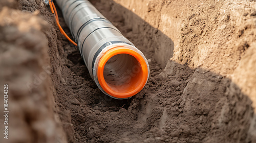Wallpaper Mural Pipeline construction features a newly laid pipe in a trench, ready for covering. It shows progress in infrastructure development. Good for engineering articles. Torontodigital.ca