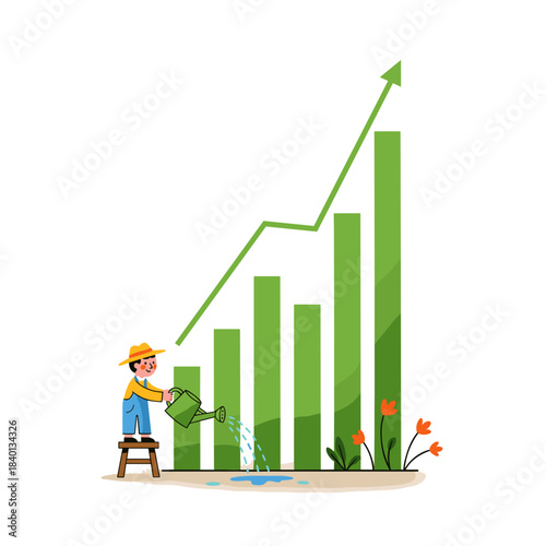 Tiny person watering large financial graph with upward trend  