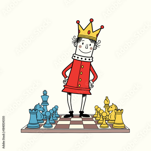 King chess piece standing confidently on a colorful chessboard  