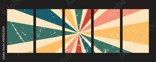 Retro vintage sunburst swirling poster background, distressed grunge texture spiral rays abstract design